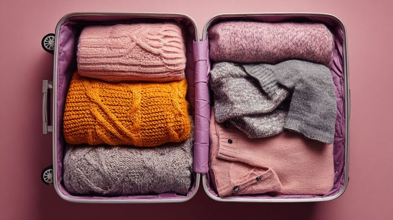 Open suitcase neatly filled with rolled and folded sweaters in various colors