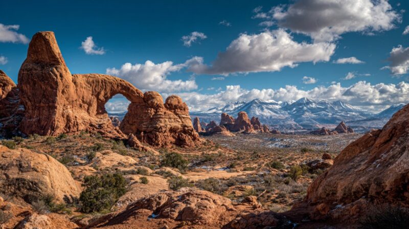 Natural rock arches and red sandstone formations with mountains in the distance