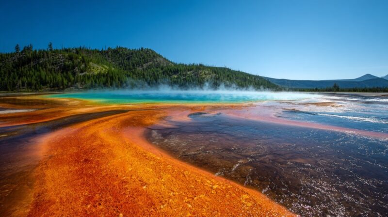 Bright orange and red microbial mats surrounding the turquoise waters of Grand Prismatic Spring, with steam rising and forested hills in the background