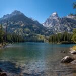 Clear mountain lake surrounded by pine trees and rocky peaks under blue sky