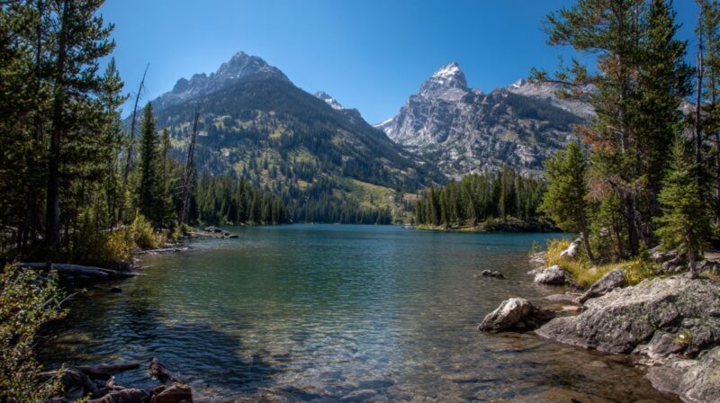 Clear mountain lake surrounded by pine trees and rocky peaks under blue sky