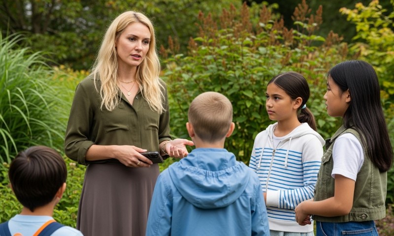 A woman stands outdoors talking to a group of attentive children. They are surrounded by lush greenery