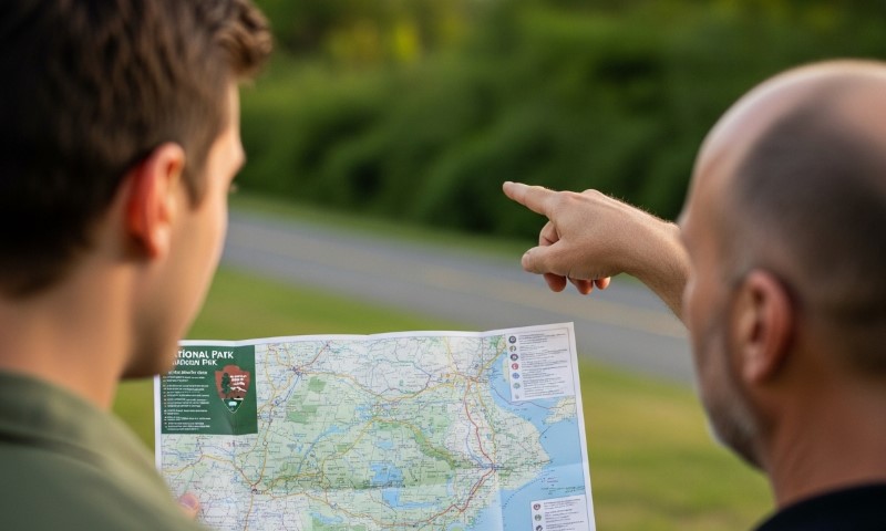 Two people outdoors examine a National Park map. One points into the distance, suggesting direction or guidance