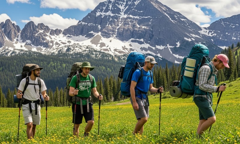 Four hikers with backpacks and trekking poles walk through a vibrant green meadow with yellow flowers