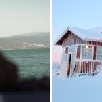 A coastal sea view sits beside a snow-covered mountain cabin