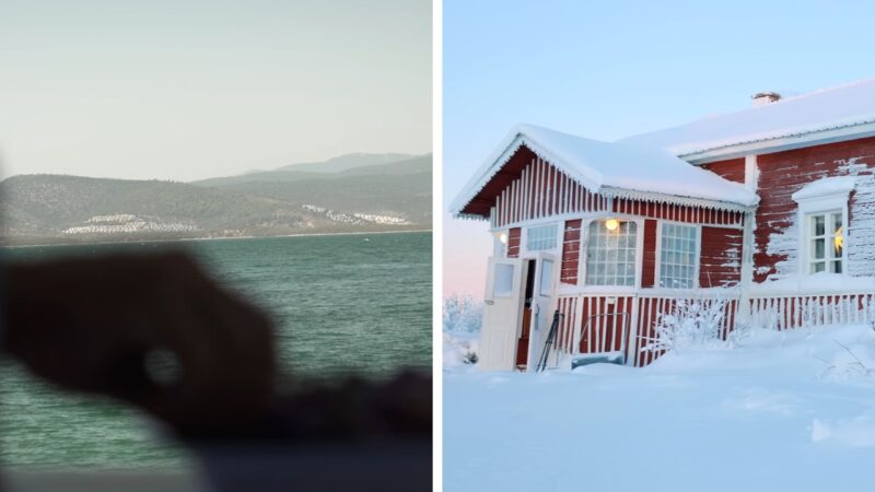 A coastal sea view sits beside a snow-covered mountain cabin