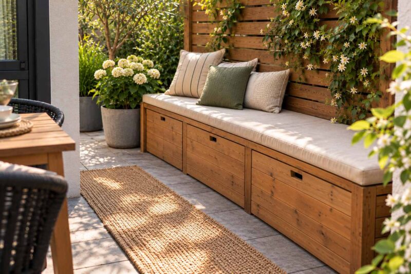 Wooden outdoor storage bench with three closed drawers, cream cushions, and decorative pillows on a small garden patio.