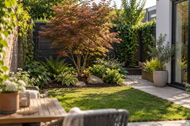Small backyard garden with a Japanese maple tree, green lawn, ferns, hostas, and a modern patio.