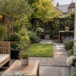 Small backyard garden with a wooden bench, stepping stone path, flower beds, and a compact outdoor dining area.