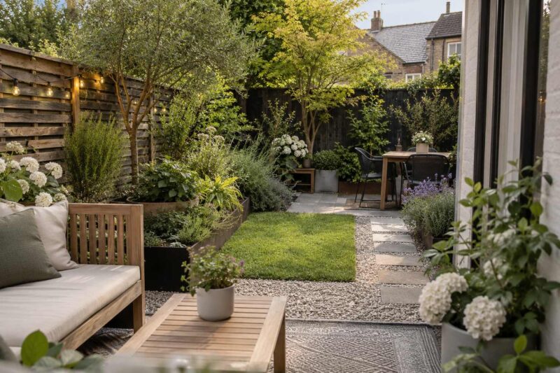 Small backyard garden with a wooden bench, stepping stone path, flower beds, and a compact outdoor dining area.