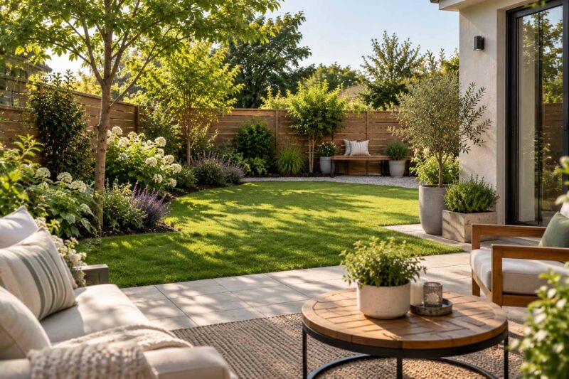 Small backyard with an open green lawn, flower beds along the fence, and a comfortable outdoor seating area.