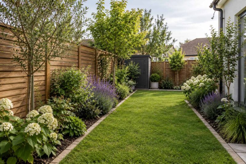 Small backyard with narrow flower beds, lavender, shrubs, and trees planted along wooden fences, leaving the central lawn open.