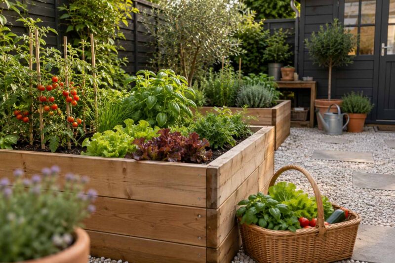 Wooden raised garden beds filled with lettuce, tomatoes, basil, and herbs in a small backyard with gravel pathways.
